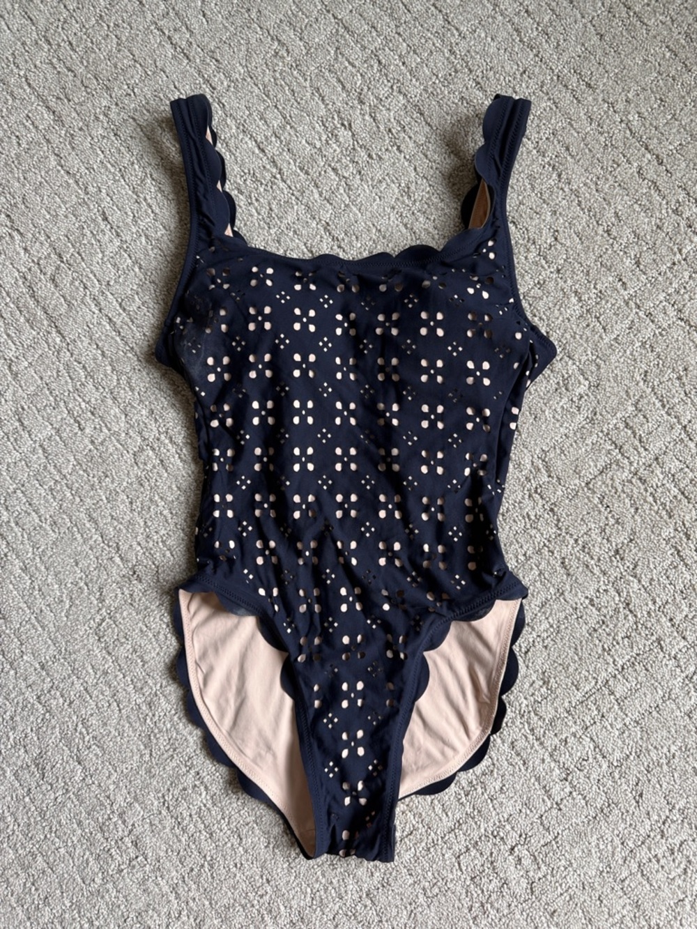 J. Crew Navy One-Piece Swimsuit with Nude Lining and Scalloped Trim